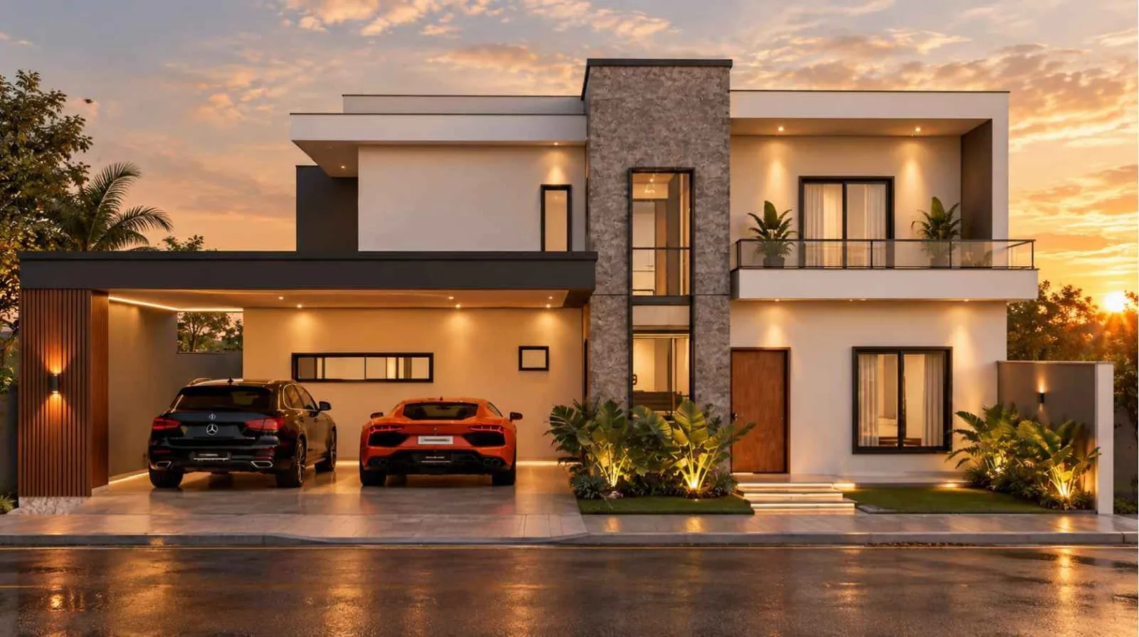 Casa Jardín: fachada al atardecer con garaje para dos autos (imagen ilustrativa)