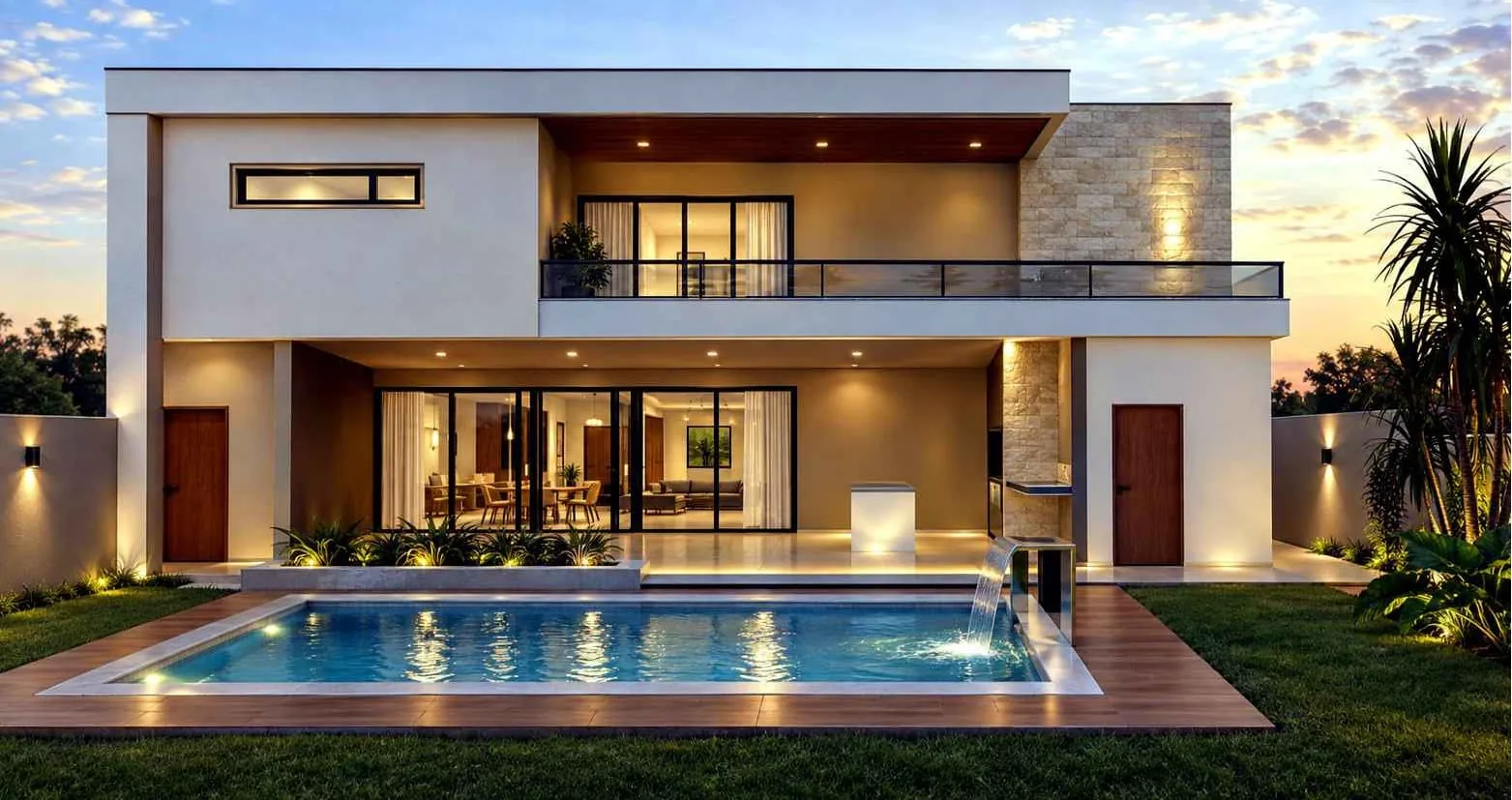 Casa Jardín: fachada posterior con piscina iluminada (imagen ilustrativa)