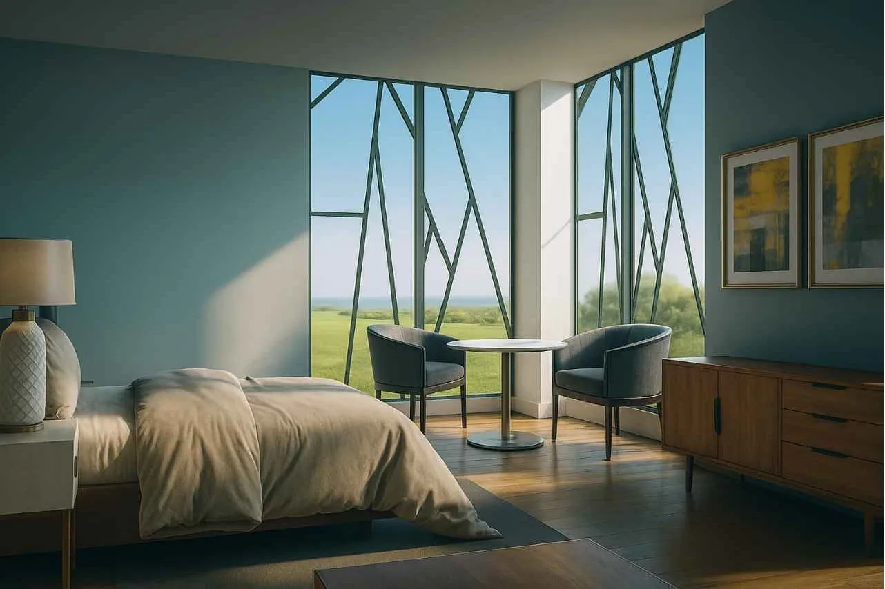 Residencia Minimalista: dormitorio con ventanal (imagen ilustrativa)