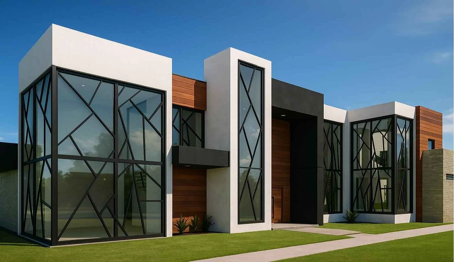 Residencia Minimalista: fachada con ventanales geométricos (imagen ilustrativa)